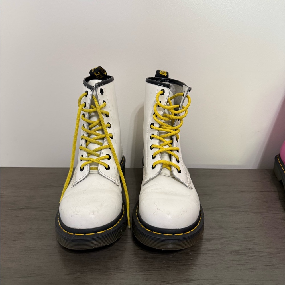 Dr. Martens White Leather Boots with Yellow Laces